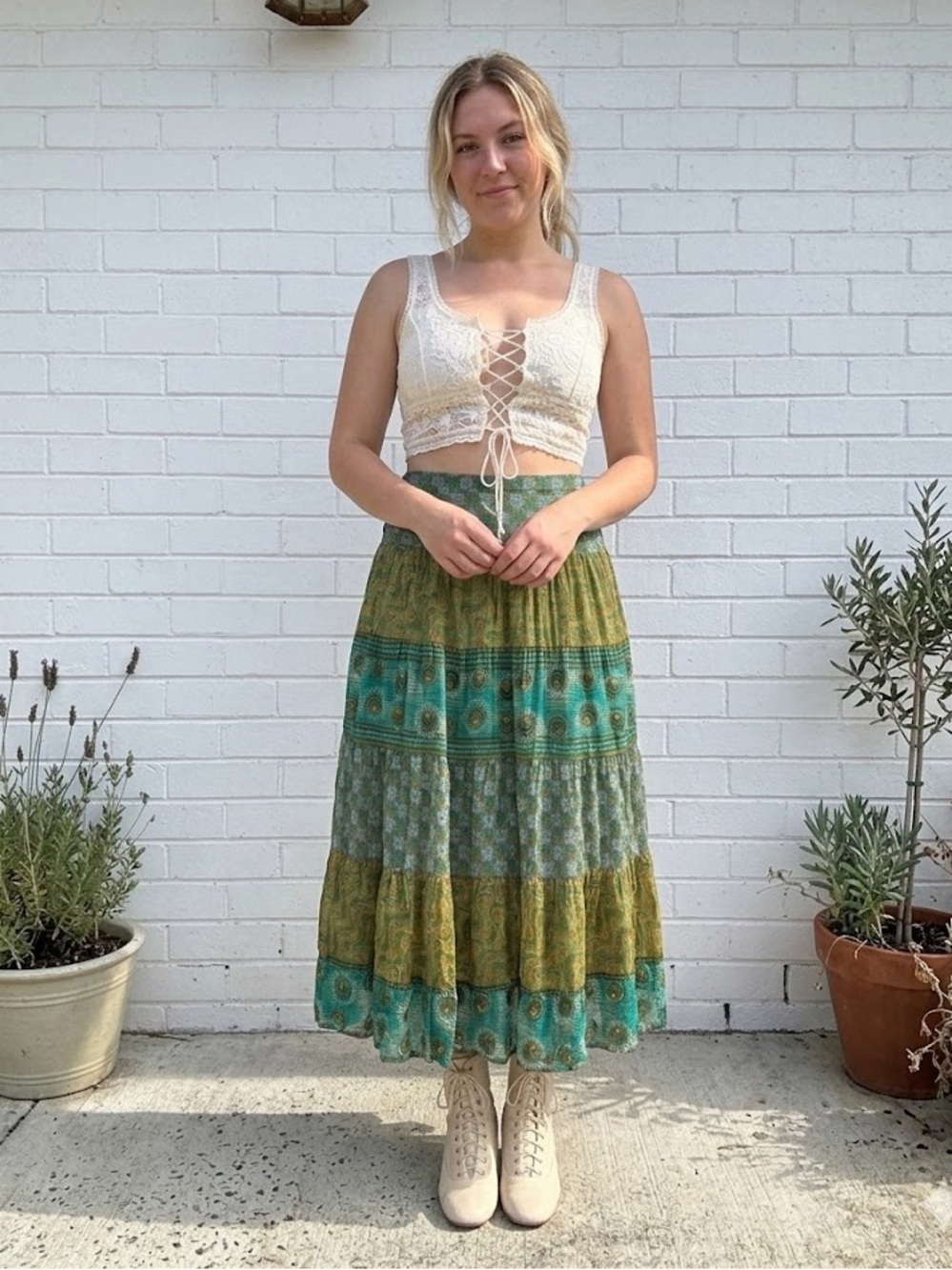Vintage Boho Sequin Tiered Midi Maxi Skirt Size Medium Green Blue Festival Fairy - Picture 2 of 11